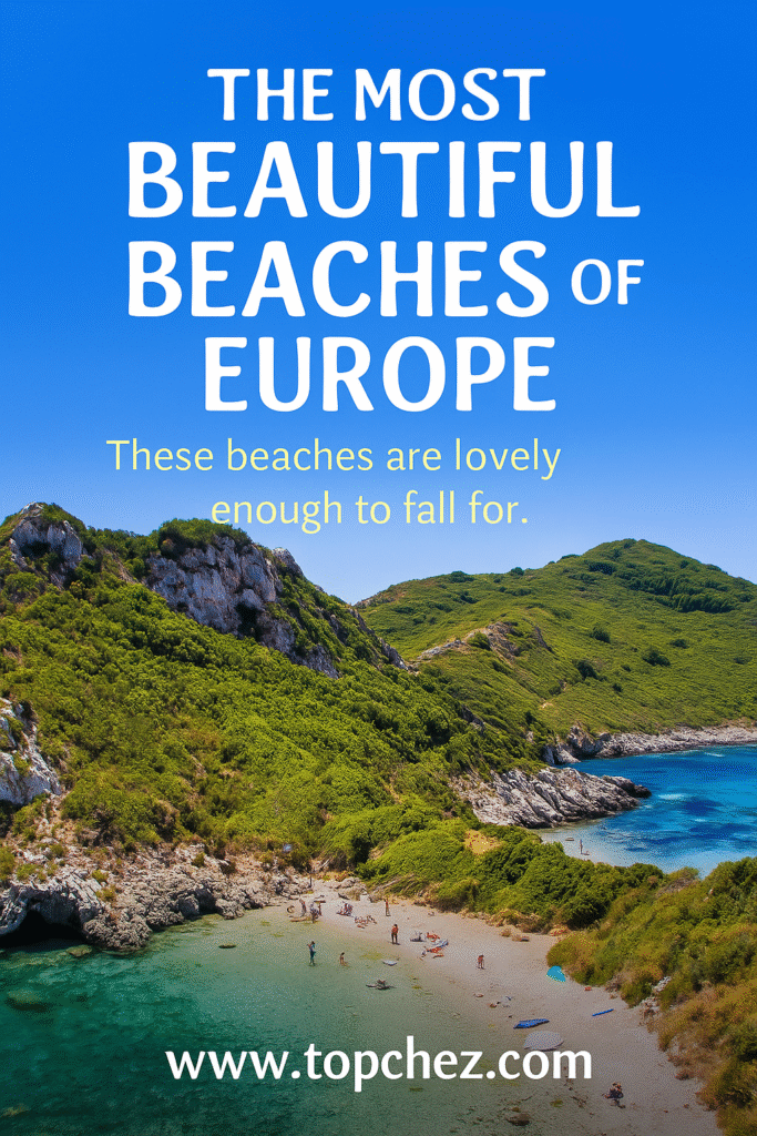 Scenic European beach with turquoise water and green hills, ideal for travel inspiration