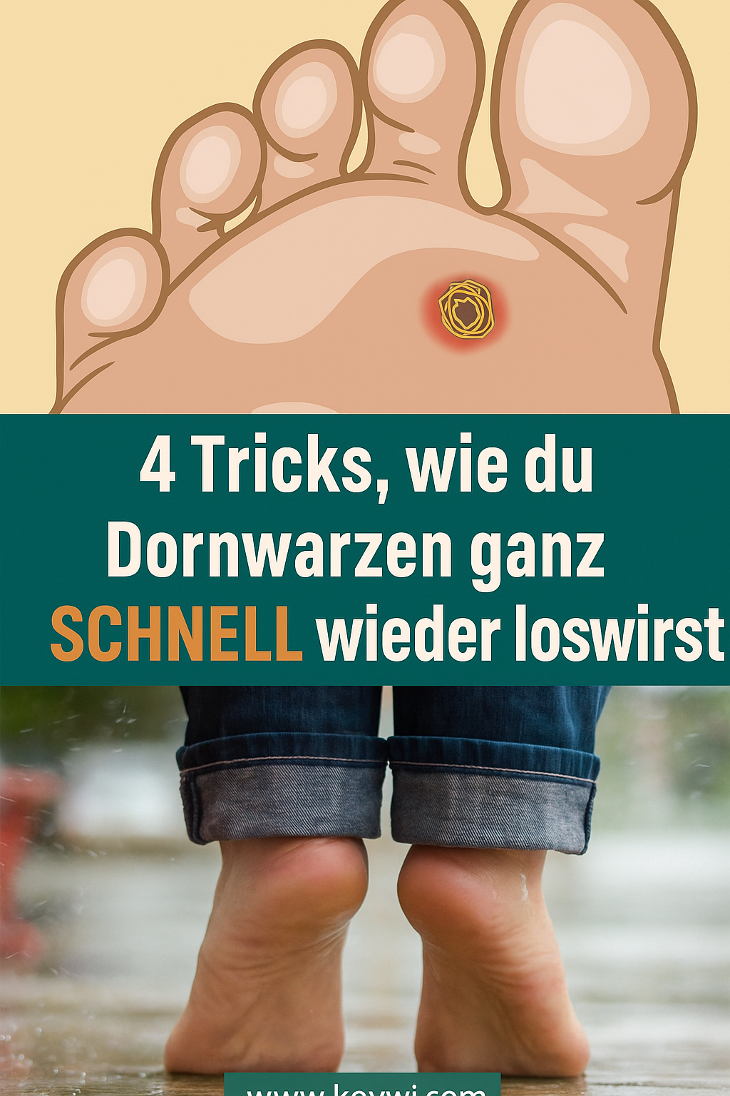 Illustration einer Dornwarze auf der Fußsohle mit Text: „4 Tricks, wie du Dornwarzen ganz schnell loswirst“ – darunter nackte Füße im Regen